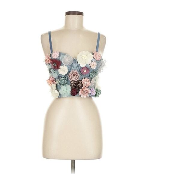 Flower Corset Bustier Bralette Crop Top Cami Tank Padded Push Up Denim Blue L - Picture 1 of 4